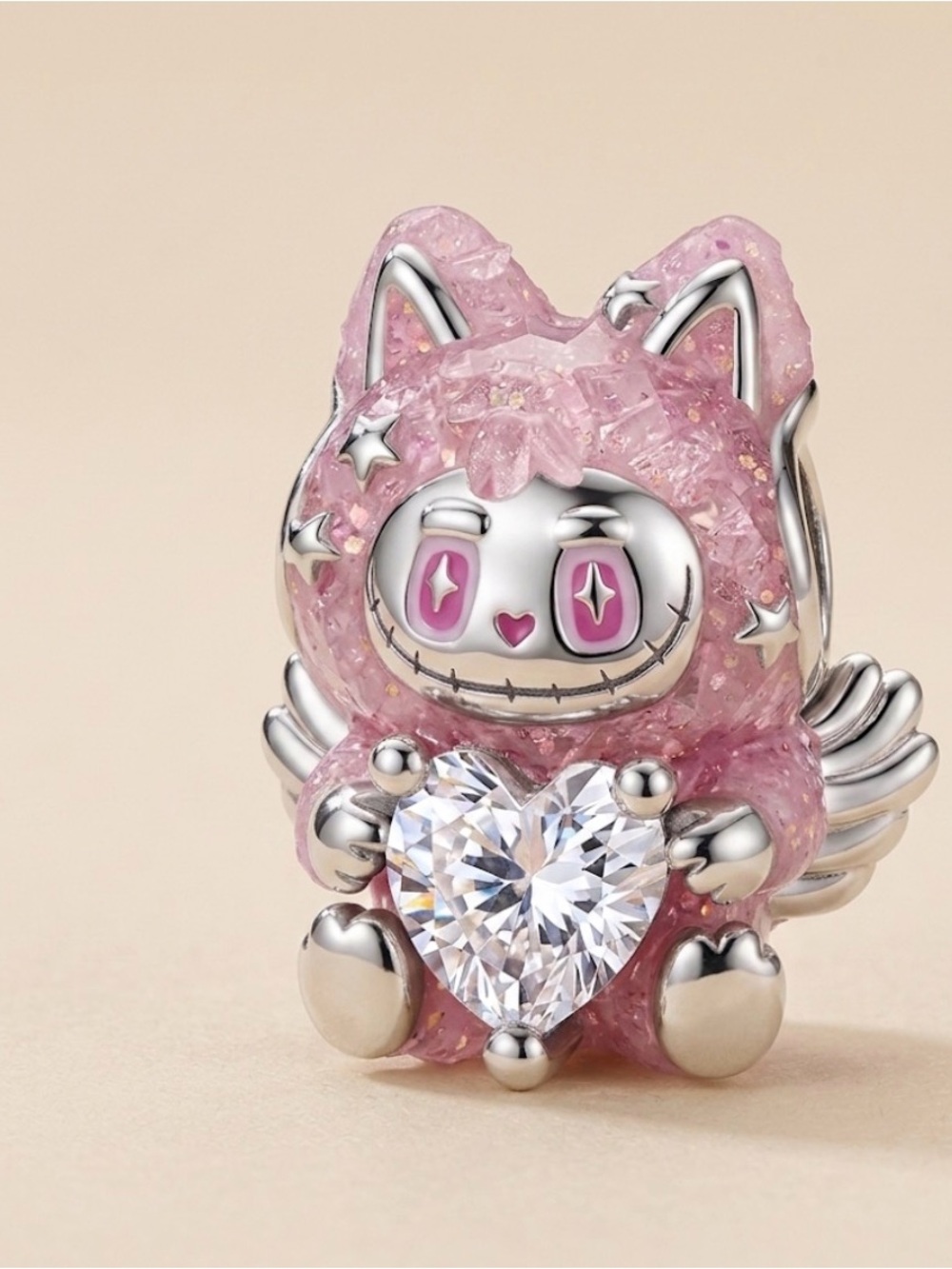 Pink Cat Charm with Heart Crystal